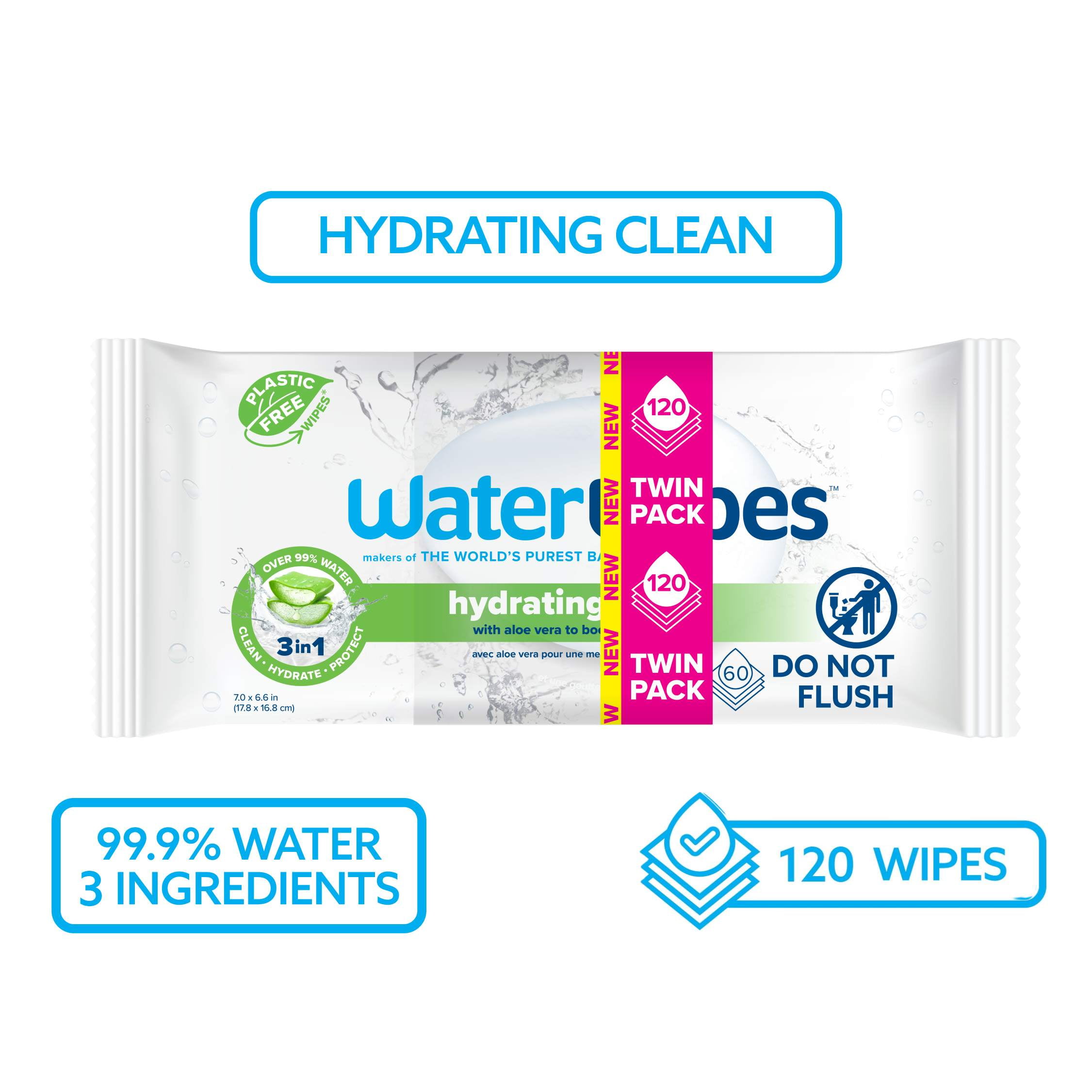 WaterWipes Toallitas Húmedas para Bebés con Aloe Vera, Limpias E Hidratantes, 99 % a Base de Agua, 120 Unidades (2 Packs) WaterWipes