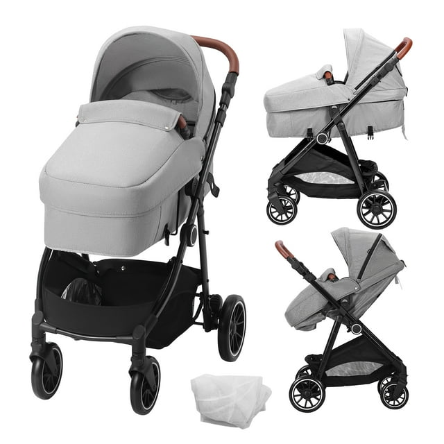 SKYSHALO 2 in 1 Convertible Baby Stroller, Foldable Infant Newborn Bassinet Pram, Unisex Travel Stroller for Newborn Baby, Light Grey SKYSHALO