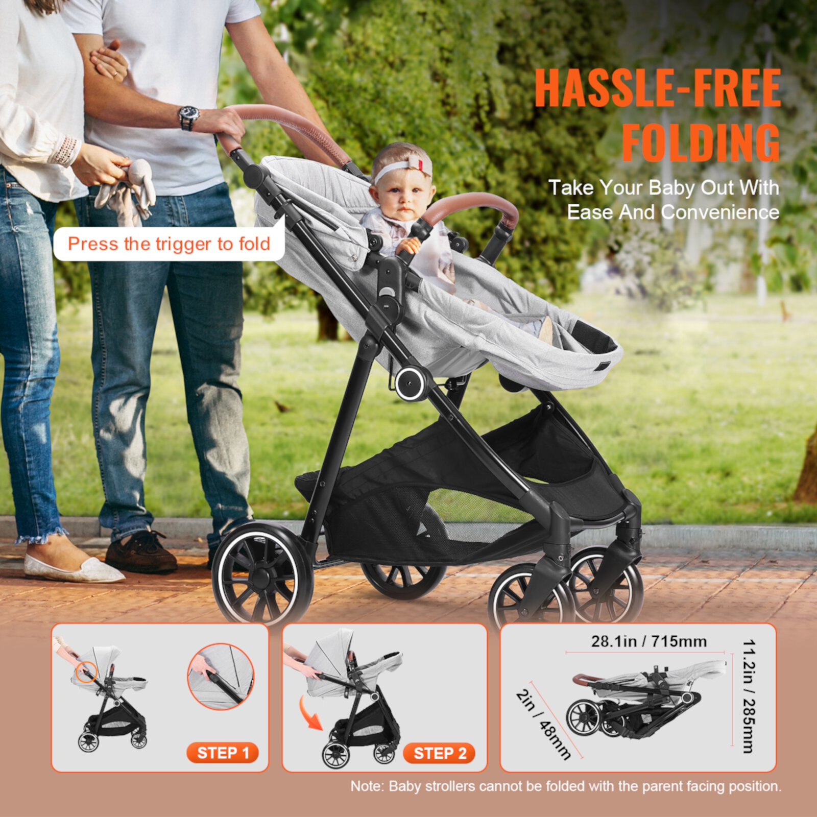 SKYSHALO Baby Infant Stroller Newborn with Bassinet Foldable Reversible Light Grey SKYSHALO