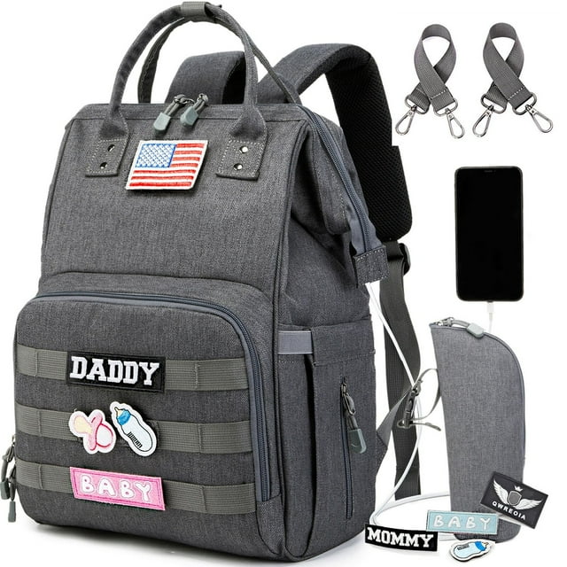 Diaper Bag Backpack for Dad and Mom with USB Charging Port Stroller Straps and Insulated Pocket,army military Travel Nappy Backpack (Dark Grey) None