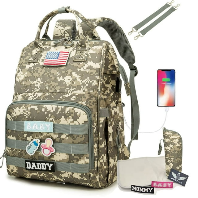 Diaper Bag Backpack for Dad and Mom with USB Charging Port Stroller Straps and Insulated Pocket,army military Travel Nappy Backpack for Daddy/Mommy (Green Camo) None