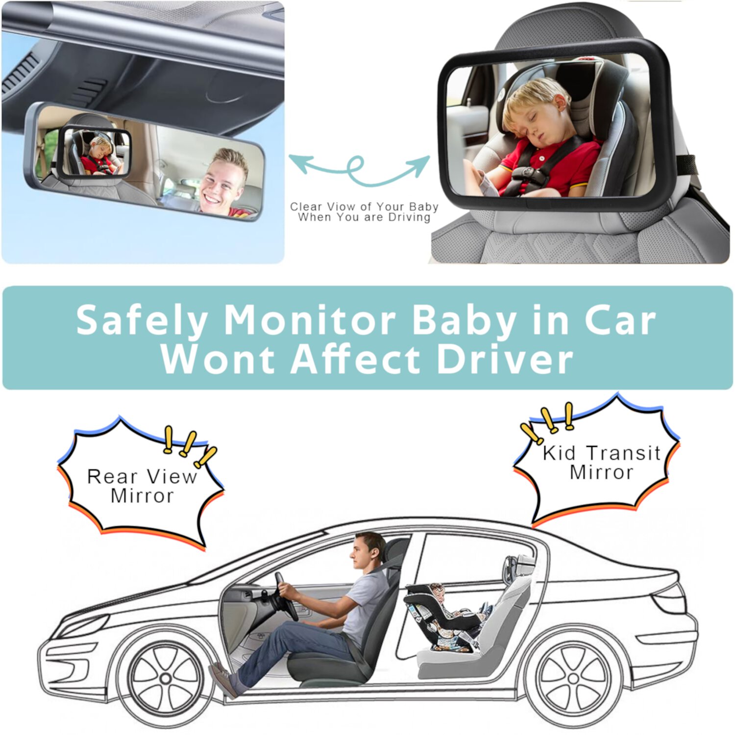 Baby Car Mirror for Baby, BUSATIA Seat Safely Monitor Infant Child in Rear Facing Seat, Wide View Shatterproof Adjustable Acrylic 360° for Backseat, Crash Tested and Certified for Safety BUSATIA