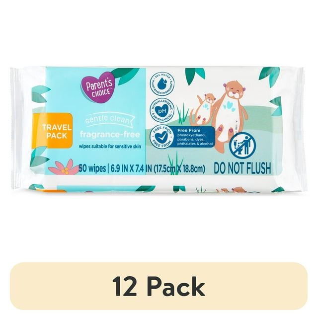 (12 pack) Parent's Choice Fragrance Free Baby Wipes, Travel-Pack, 50 Count (Select for More Options) Parent's Choice