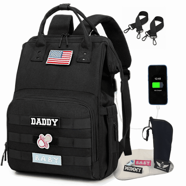 Camo Diaper Bag Backpack for Dad and Mom with USB Charging Port Stroller Straps and Insulated Pocket,army military Travel Nappy Backpack (Black) None