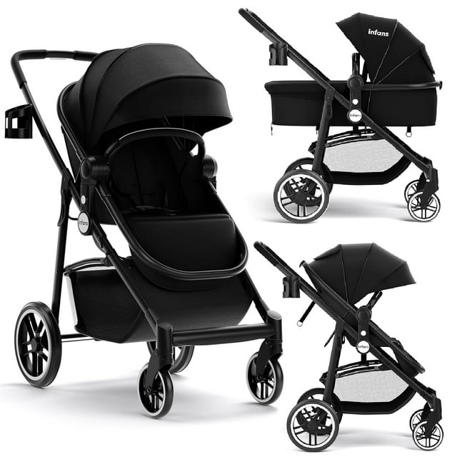 INFANS 2 in 1 Baby Stroller, High Landscape Infant Stroller and Reversible Bassinet Pram, Foldable Pushchair with Adjustable Canopy, Cup Holder, Storage Basket, Suspension Wheels (Black) INFANS