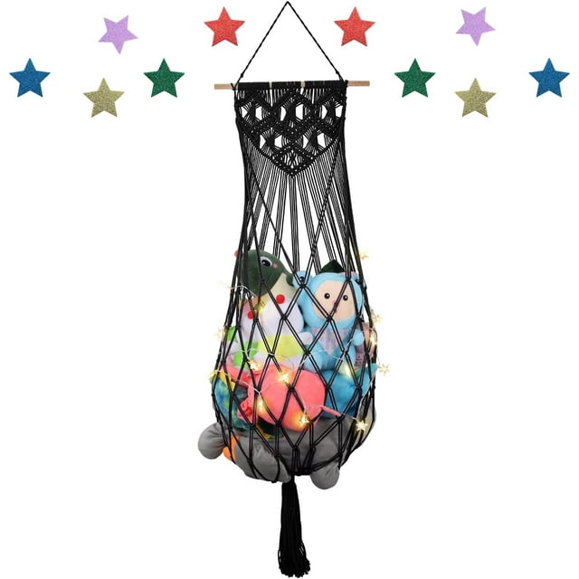 Stuffed Animal Storage Hammock Corner, 63'' Jumbo Boho Macrame Tassel Toy Holder Wall Mounted, Hanging Net Organizer for Nursery Decor, Dark Blue Plush Toy Net with Star Light for Boys Girls ZUEXT