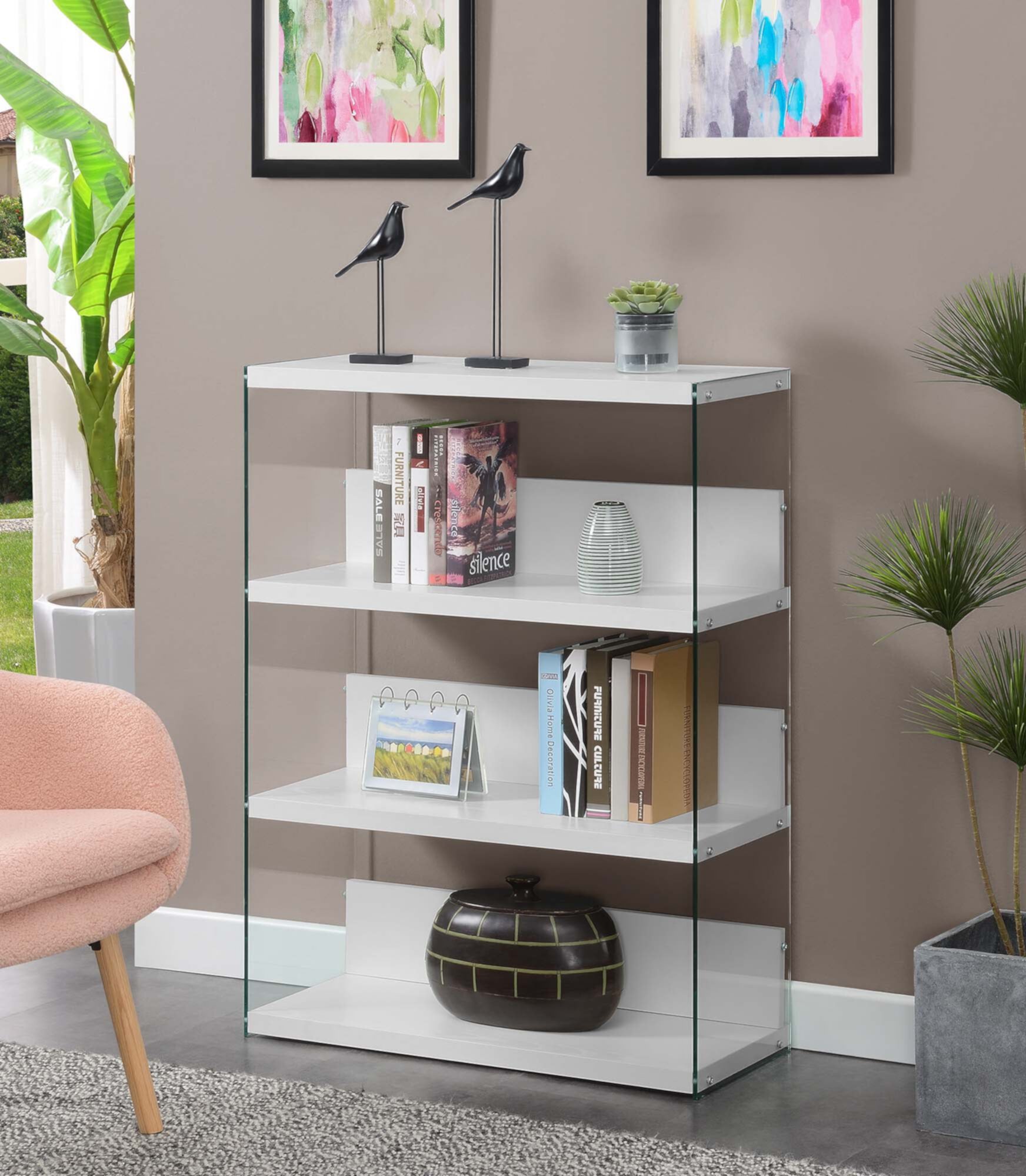 Convenience SoHo 4 Tier Glass Wide Bookcase, Weathered Gray/Glass Convenience Concepts