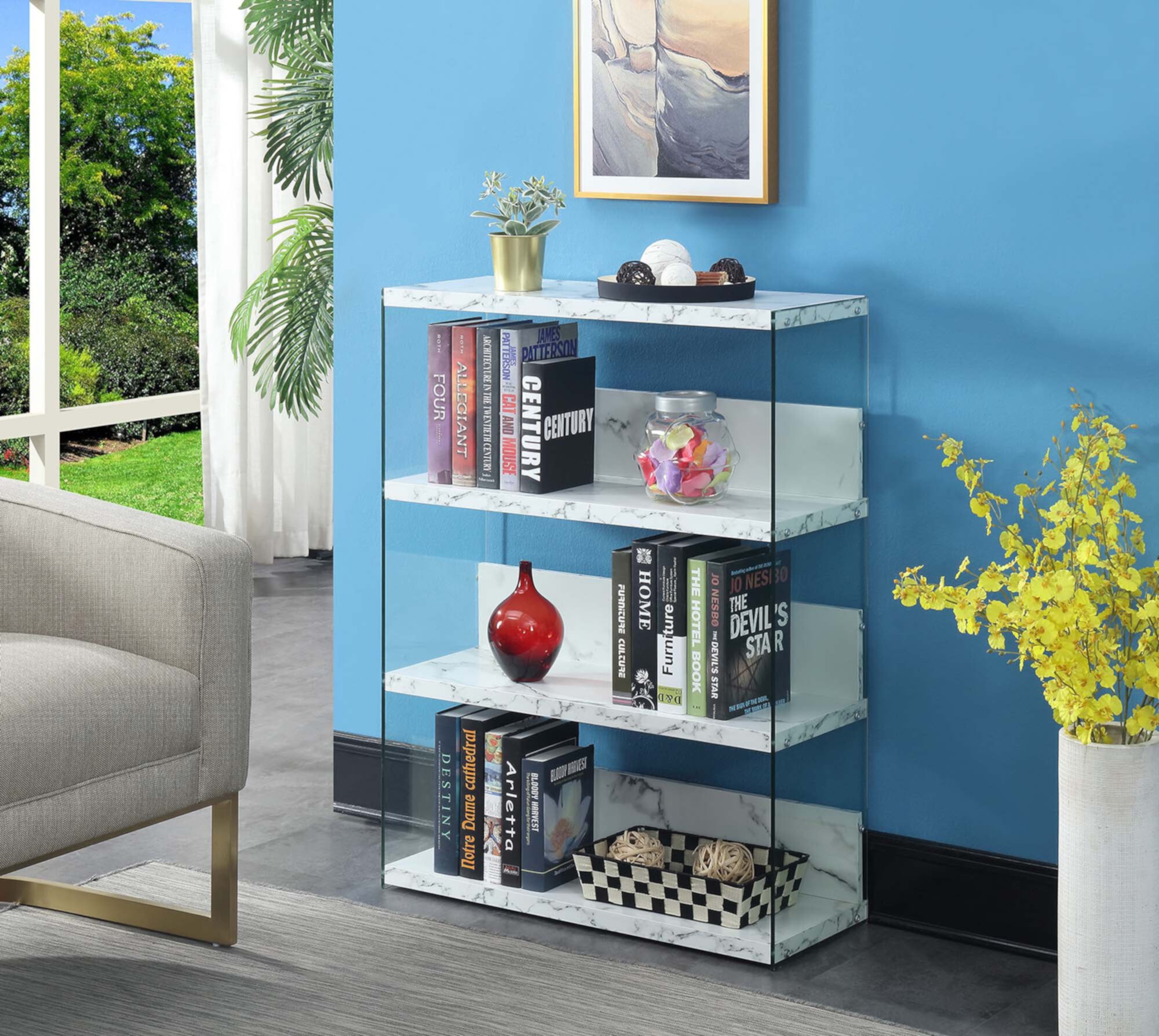 Convenience Concepts SoHo 4 Tier Glass Wide Bookcase, Gray Faux Marble/Glass Convenience Concepts