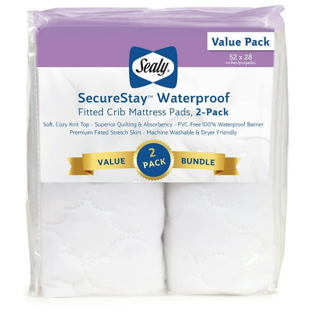 Sealy Secure Stay Waterproof Mattress Pads, Crib, White, 2-Pieces, 52" L x 28" W Sealy