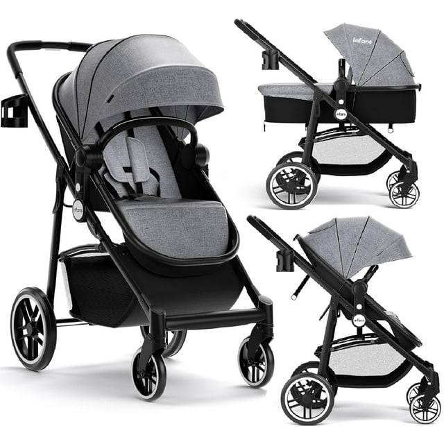 INFANS 2 in 1 Baby Stroller, High Landscape Infant Stroller and Reversible Bassinet Pram, Foldable Pushchair with Adjustable Canopy, Cup Holder, Storage Basket, Suspension Wheels (Gray) INFANS