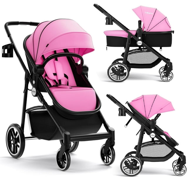 INFANS 2 in 1 Baby Stroller, High Landscape Infant Stroller and Reversible Bassinet Pram, Foldable Pushchair with Adjustable Canopy, Cup Holder, Storage Basket, Suspension Wheels (Pink) INFANS