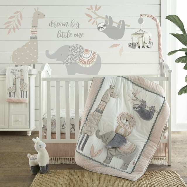 Levtex Baby - Imani Crib Bed Set - Baby Nursery Set - Exotic Animals - Pink, Taupe, Grey, White - Jungle Animals - 4 Piece Set Includes Quilt, One Fitted Sheet, Wall Decal & Skirt/Dust Ruffle Levtex Home