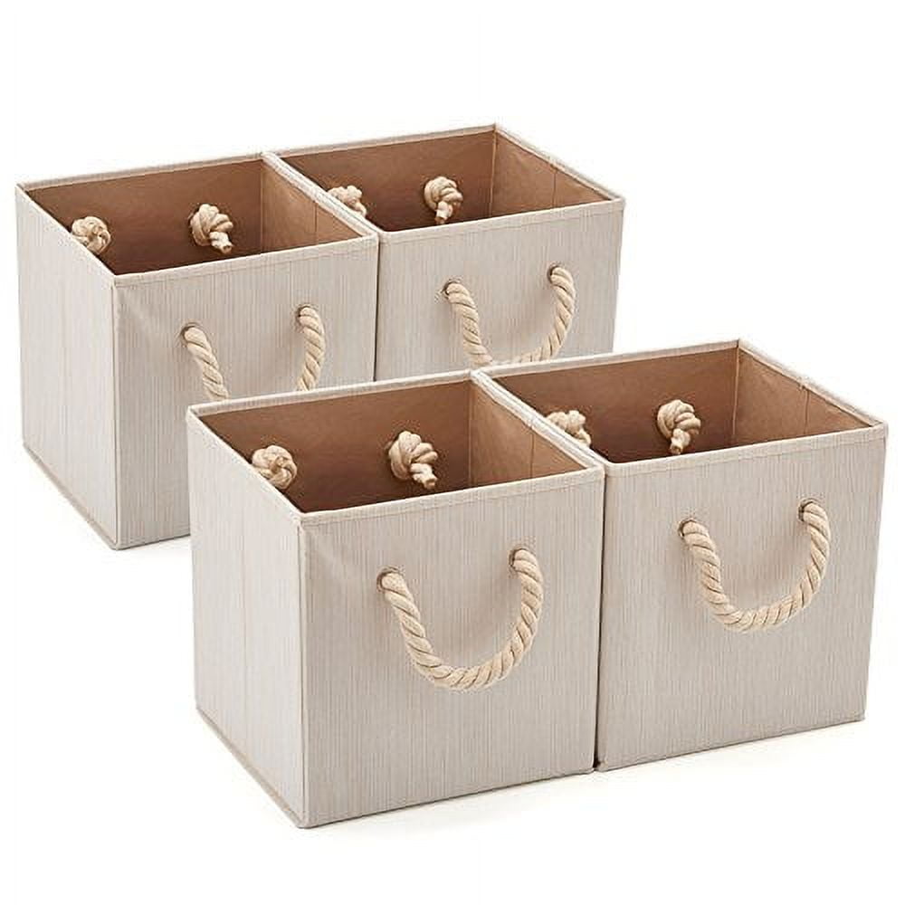 EZOWare Set of 4 Fabric Storage Bins with Cotton Rope Handle, 10.5 x 10.5 x 11 inch Foldable Organizer Basket Cube for Organizing Kids Baby Nursery Room, Towels, Shelves, Closet, Toys – Beige EZOWare