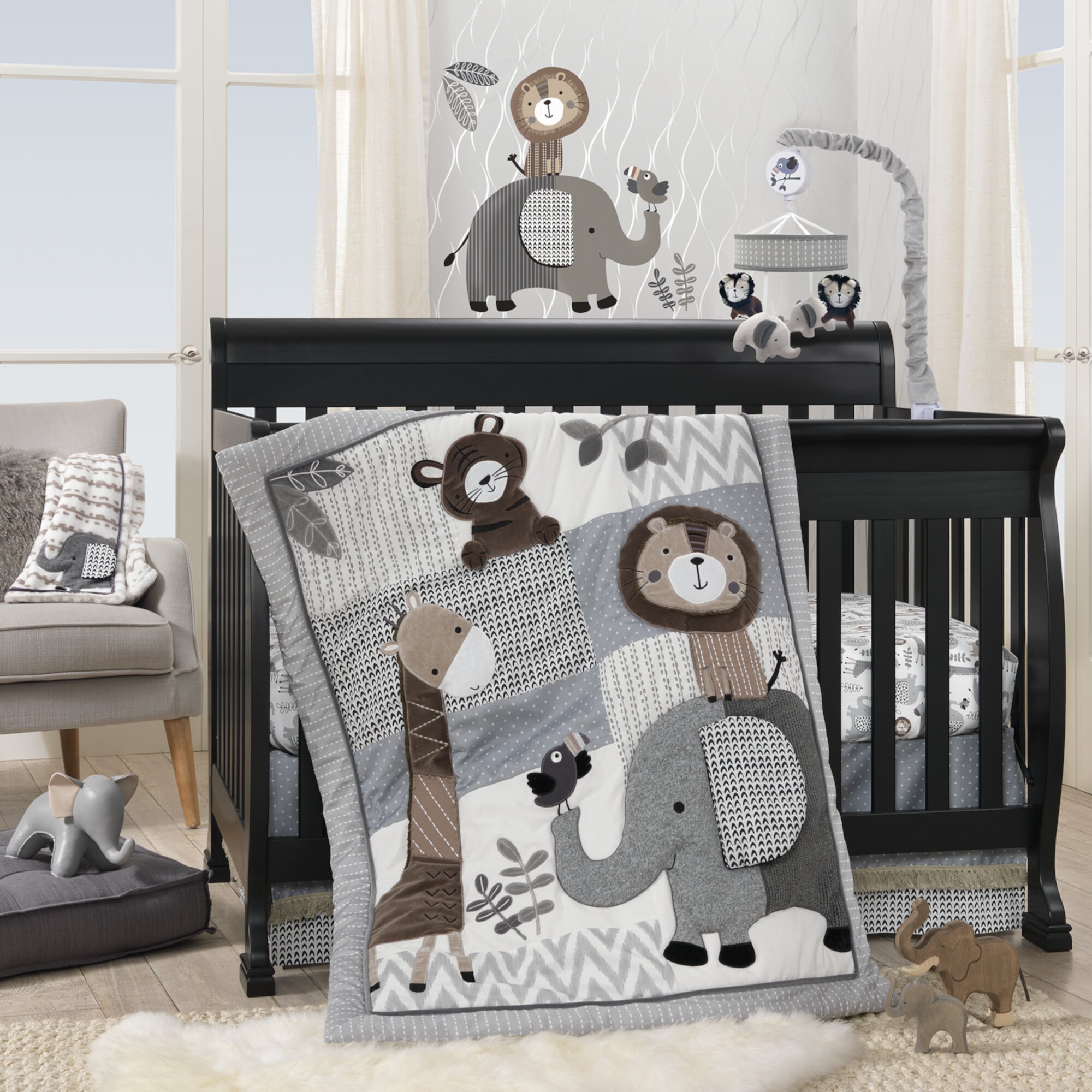 Lambs & Ivy Urban Jungle Gray/Brown Lion & Elephant Musical Baby Crib Mobile Lambs & Ivy