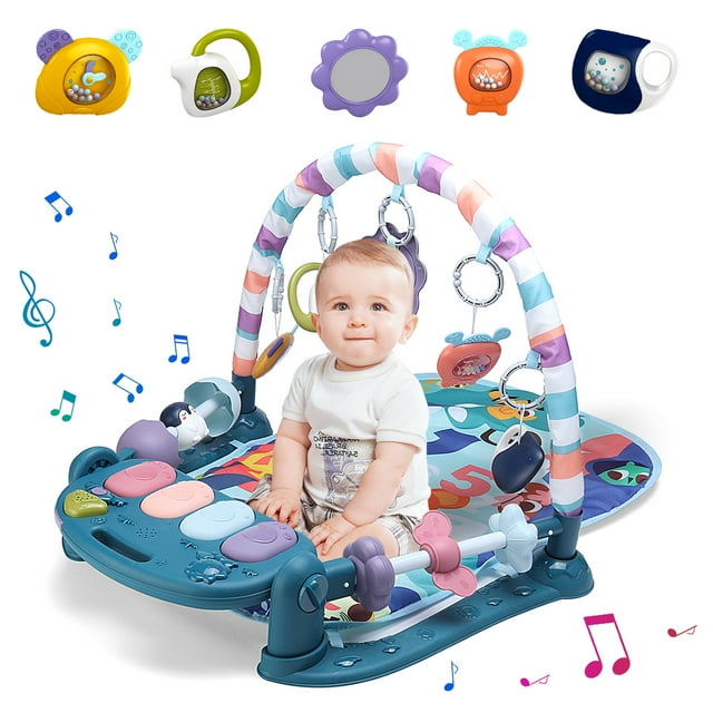 Baby Gym Play Mat, Musical Fitness Tummy Time Mat, for 0-36 Months Boys Girls, Navy Novashion