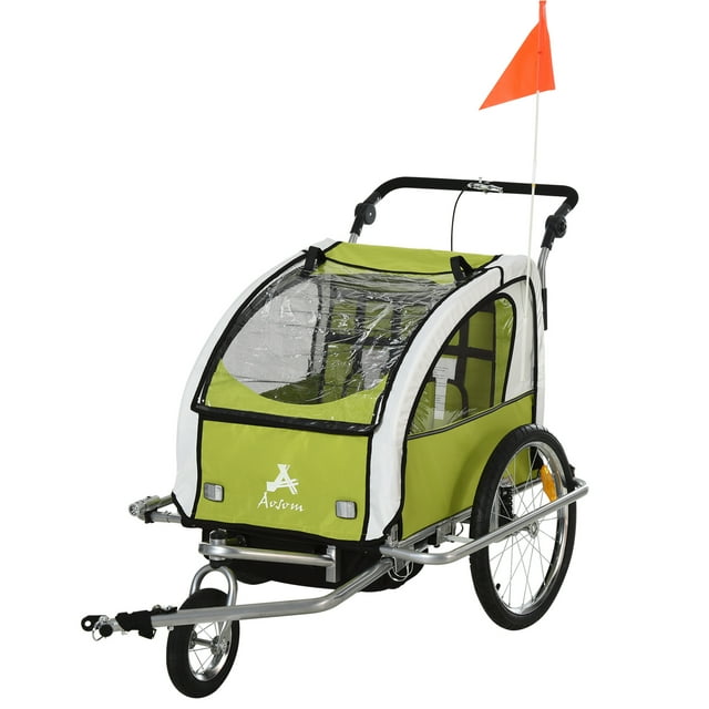 Aosom 2-in-1 Double Child Two-Wheel Bicycle Cargo Trailer with 2 Safety Harnesses, Green Aosom