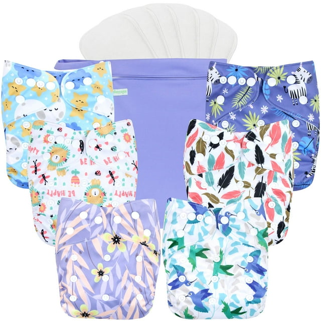 Wegreeco Washable Reusable Baby Cloth Pocket Diapers 6 Pack + 6 Bamboo Inserts (with 1 Wet Bag, Leaves, Animals) Wegreeco