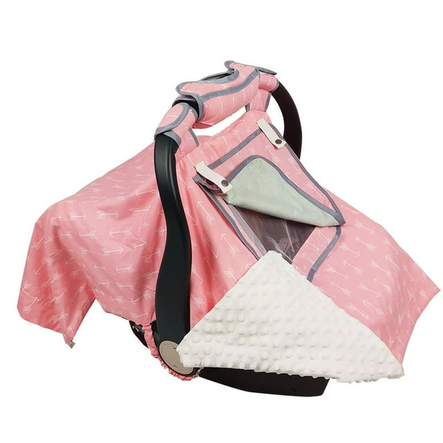 ICOPUCA Car seat Covers for baby girl Carseat Canopy for babies Carrier covers 2 layers with mesh window Pink with white dotted minky ICOPUCA