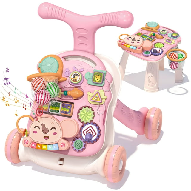 3 in 1 Baby Musical Walker for Baby Girl, Pink Baby Activity Center, Toddler Learning Table, Learning to Walk Sit to Stand, Early Learning Push Toys for Infant 6-16 Months Pink Xueyu