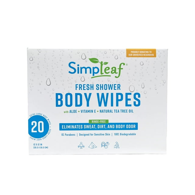 Simpleaf Body Shower Wipes | Extra Large Individually Packed Wipes | Eco- Friendly, Paraben & Alcohol Free | Hypoallergenic & Safe for Sensitive Skin | Vitamin E Infused | 20 Count Simpleaf