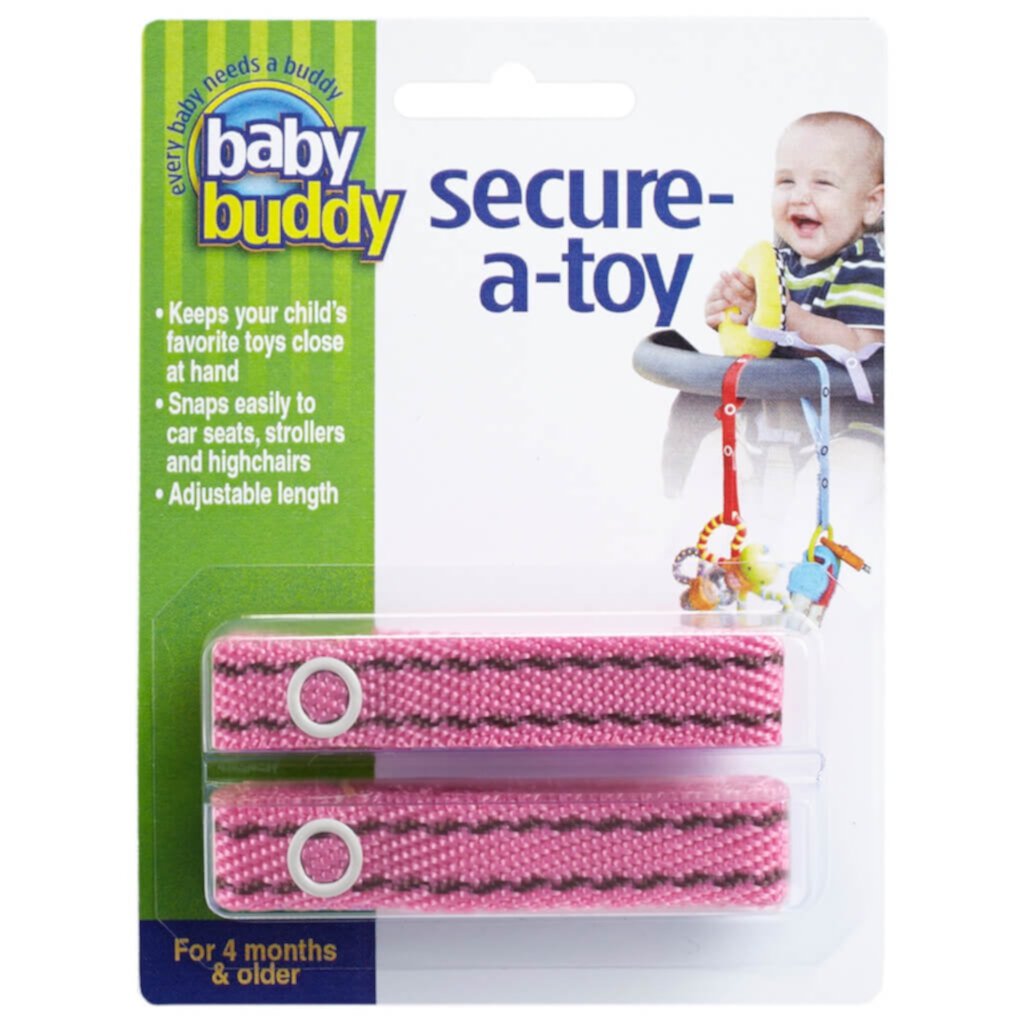 Baby Buddy Secure-A-Toy Fashion, Safety Strap Secures Toys, Teether, or Pacifier to Stroller, Highchair, Pink-Brn Stitch Baby Buddy