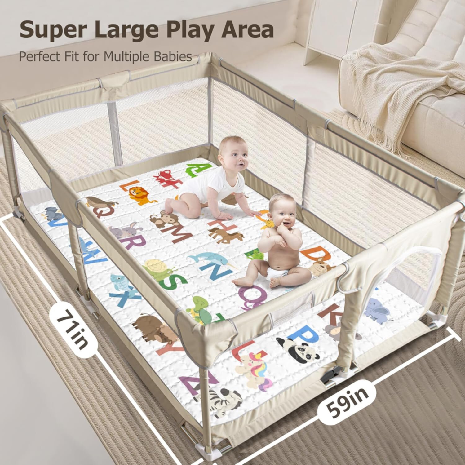 Baby Play Mat, 71x59 Playpen Mat with Super Soft Touch, Activity Mat with Upgraded Anti-Slip Bottom, Machine Washable Crawling Mat for Floor & Picnic (Animal Alphabets) Beavtaens