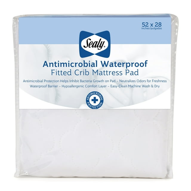 Sealy Baby Antimicrobial Waterproof Toddler and Crib Mattress Pad, White, 52" x 28" Sealy