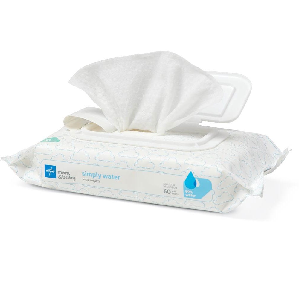 Medline Simply Water Wet Wipes with 99% Water, Eco-friendly cloth, Hypoallergenic, Fragrance-Free, 60 Wipes per Pack (4 Packs) Medline