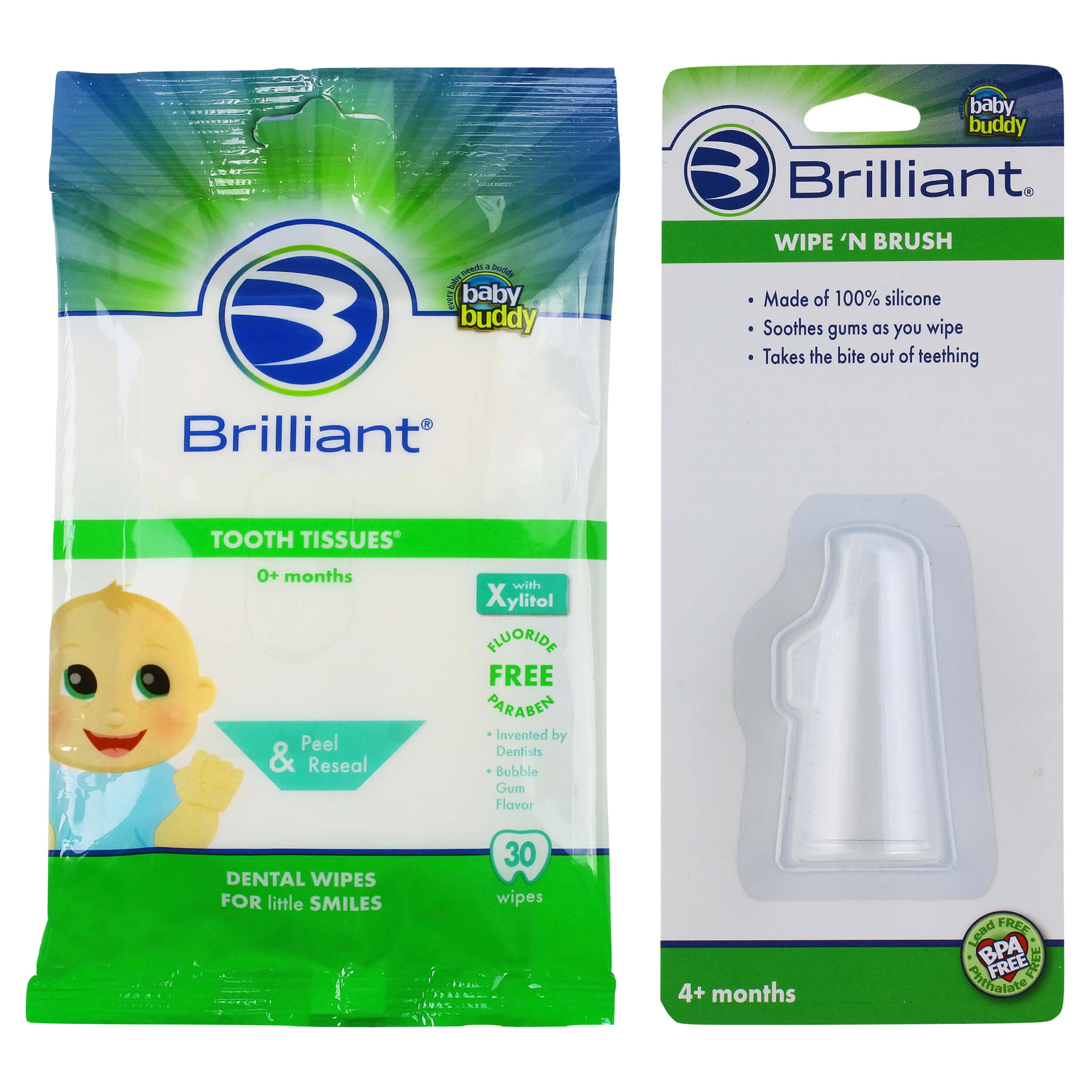 Brilliant Bundle with Xylitol Teeth Wipes Tissues Bubblegum Flavor 30 Ct and Baby Soft Silicone Wipe-N-Brush Finger Brush - Clear Brilliant