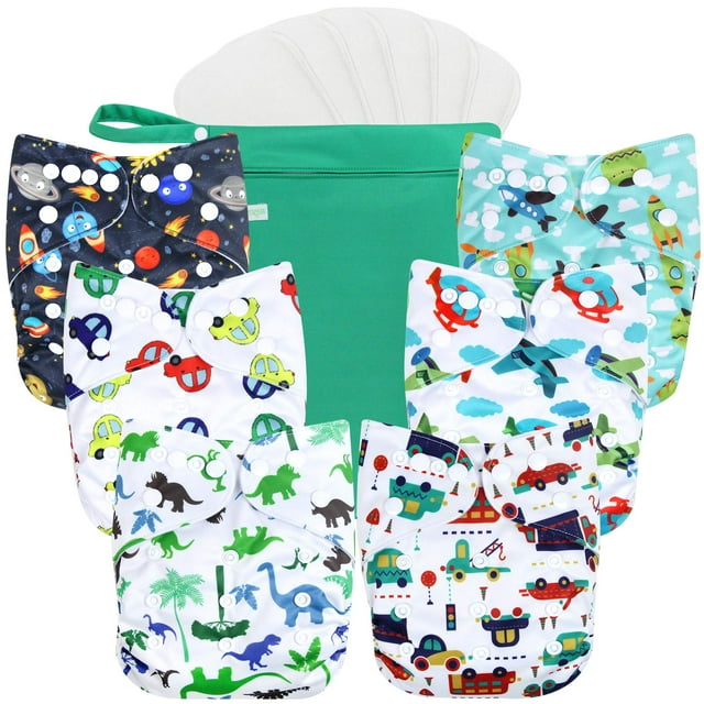 Wegreeco Washable Reusable Baby Cloth Pocket Diapers 6 Pack + 6 Bamboo Inserts (with 1 Wet Bag, Car, Airplane) Wegreeco