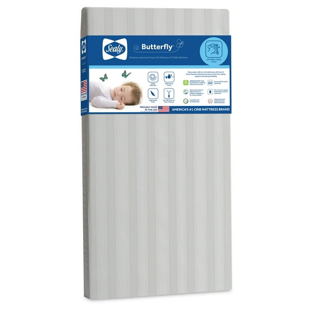 Sealy Butterfly Extra Firm Baby Crib & Toddler Mattress, Foam, Waterproof Zip Cover, White Sealy