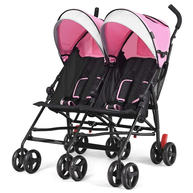 Infans Double Light-Weight Stroller, Travel Foldable Design, Twin Umbrella Stroller with 5-Point Harness, Cup Holder, Sun Canopy for Baby, Toddlers (Pink) INFANS