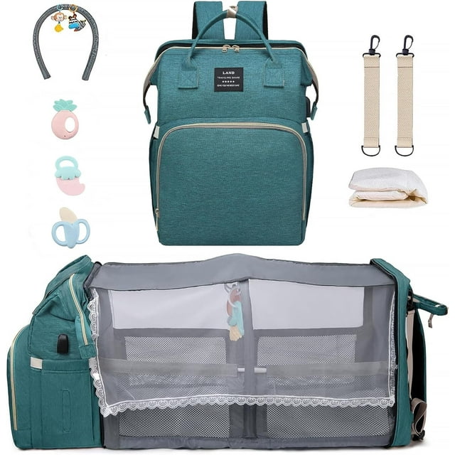 Diaper Bag Backpack, Multifunctional Baby Changing Bag with Foldable Crib & Insulated Milk Bottle Pockets, Large Capacity Portable Travel Backpack with USB Charging Port, Nappy Bag for MomsDads(Green) GPED