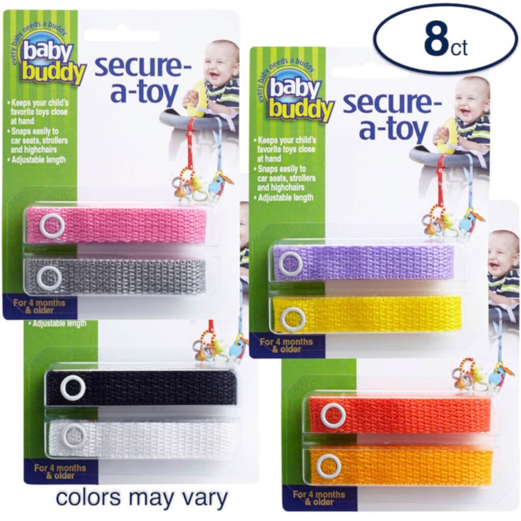 Baby Buddy Secure-A-Toy Strap Secures Toys, Teether, or Pacifier to Stroller, Highchair, Car Seat, Girl Colors, 8 Count Baby Buddy