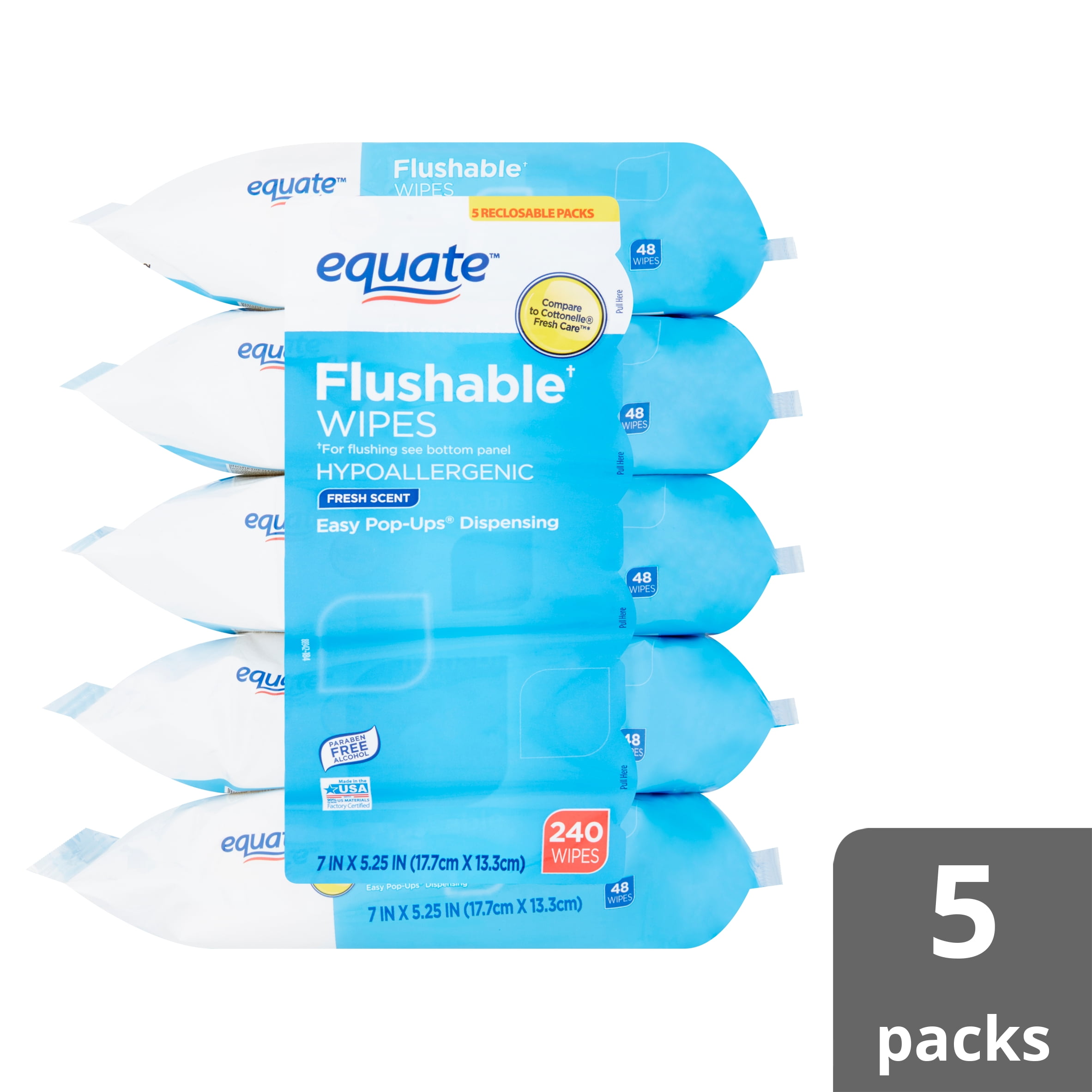 (4 pack) Equate Flushable Wipes, Fresh Scent, 5 packs of 48 wipes, 240 Total Wipes Equate