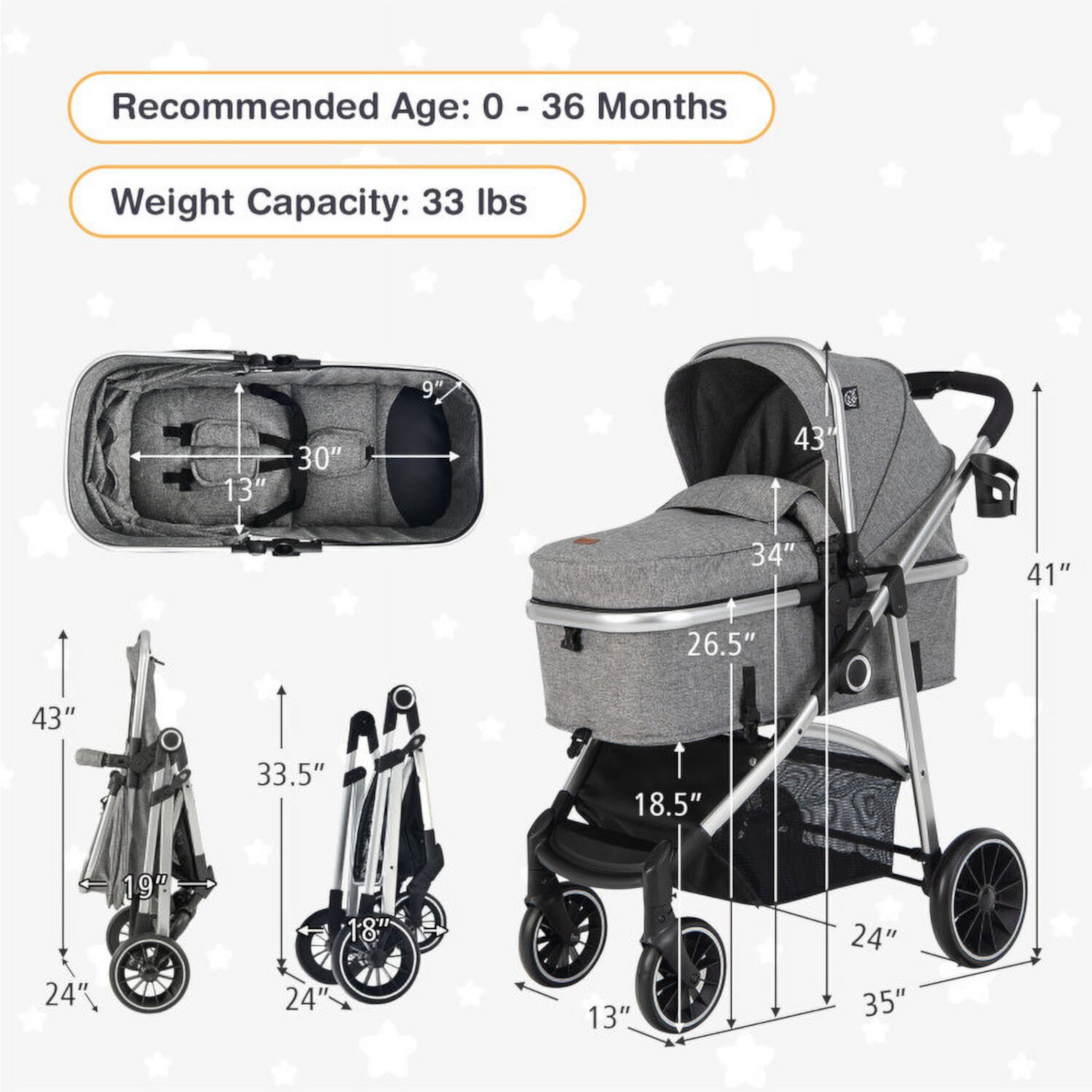 Kepooman Umbrella Stroller,Baby Stroller,2-in-1 Convertible Baby Stroller with Reversible Seat-Gray Kepooman