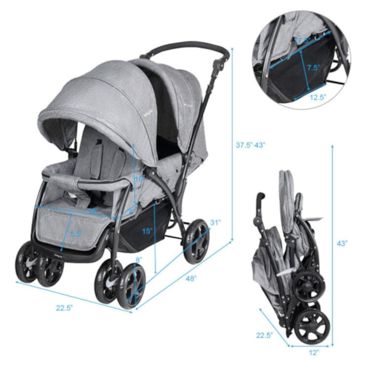 GVN Foldable Lightweight Front Back Seats Double Baby Stroller-Gray, Summer Stroller for Infant & Toddler GVN