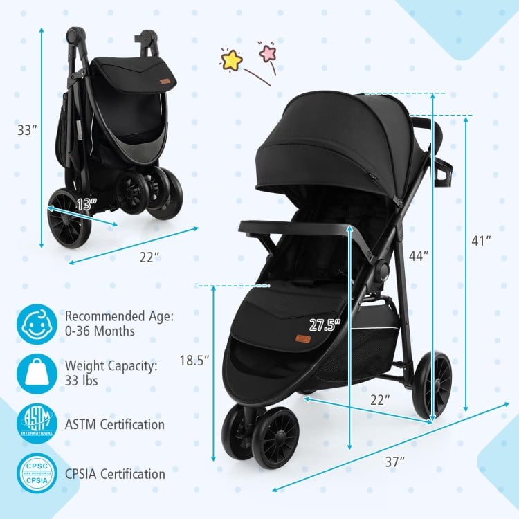 Spaco Baby Jogging Stroller with Adjustable Canopy for Newborn-Black, Compact Stroller for Infant & Toddler SPACO