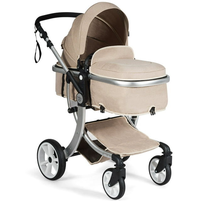 Infans Aluminum Infant Bassinet Reversible Outdoor Foldable Stroller W/Diaper Bag Beige INFANS