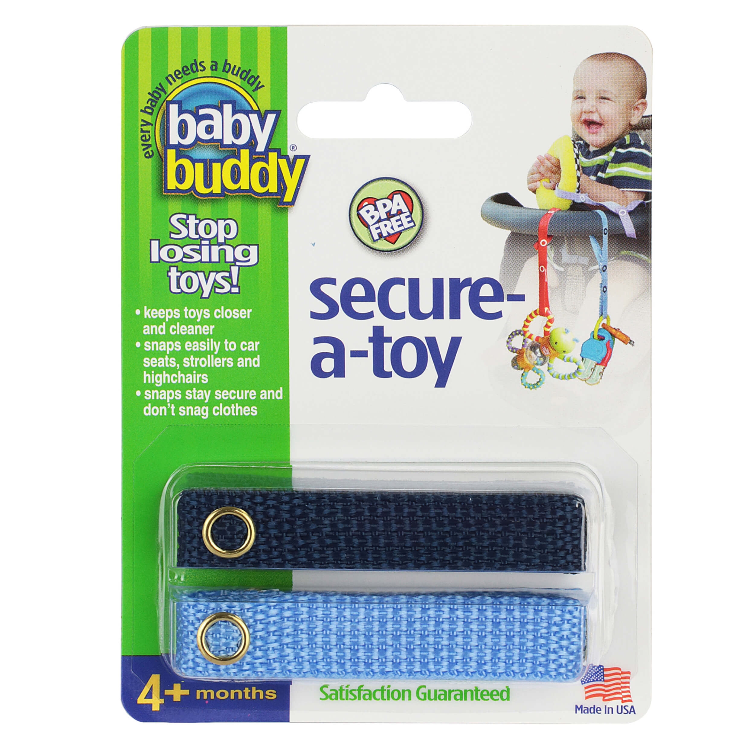 Baby Buddy Secure-A-Toy Strap, Secures Toys, Teether, or Pacifier to Stroller, Car Seat, Blue-Gold Baby Buddy