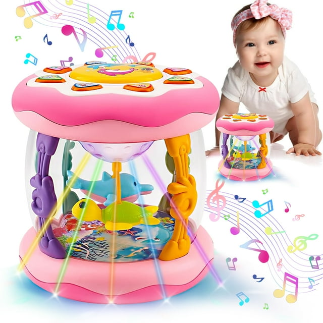 Toys for 1 Year Old Toddler, Ocean Rotating Light Up Musical Toy for Toddlers 1-3, Crawling Learning Toys for 1 2 3 Year Old Girls (Pink) Style-Carry