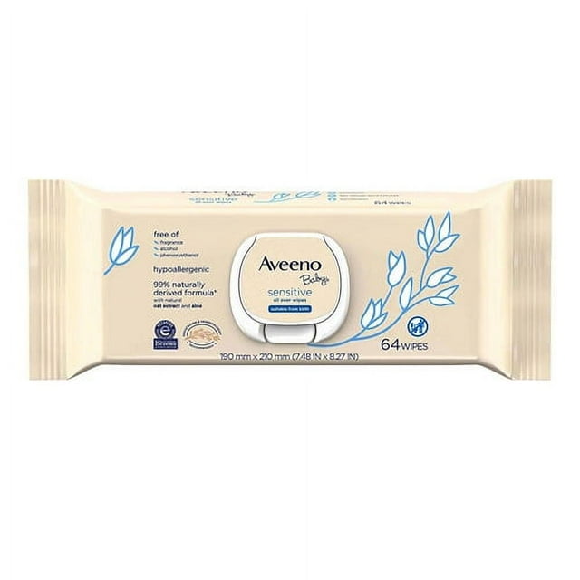 Aveeno Baby Sensitive All Over Wipes Free of Paraben & Fragrance, 64 Count, 2 Pack Aveeno