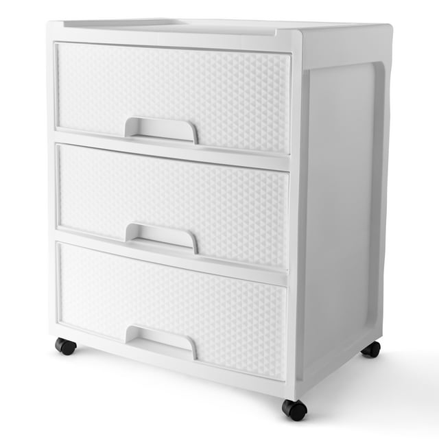 Mainstays 3 Drawer Wide Diamond Arctic White Plastic Storage Cart Mainstays