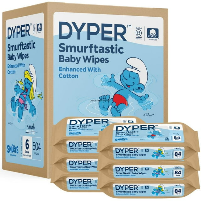 DYPER Cotton-Enhanced Baby Wipes Smurfs Edition, 6 Pack, 504 Count DYPER