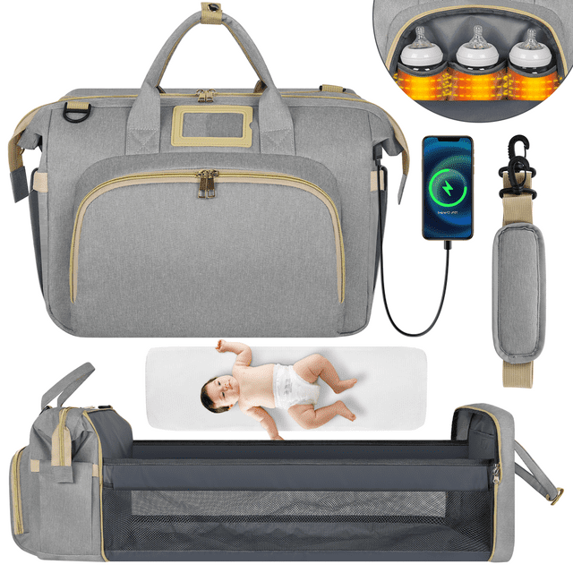 Diaper Bag Tote, Multifunctional Baby Changing Bag with Insulated Milk Bottle Pockets, Large Capacity Travel Backpack W/ USB Charging Port & Stroller Straps, Portable Newborn Baby Bags(Gray) GPED