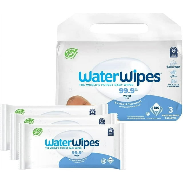 WaterWipes Plastic-Free Original Baby Wipes, 99.9% Water Based Wipes, Unscented & Hypoallergenic for Sensitive Skin, 180 Count (3 packs), Packaging May Vary 60 Count (Pack of 3) WaterWipes