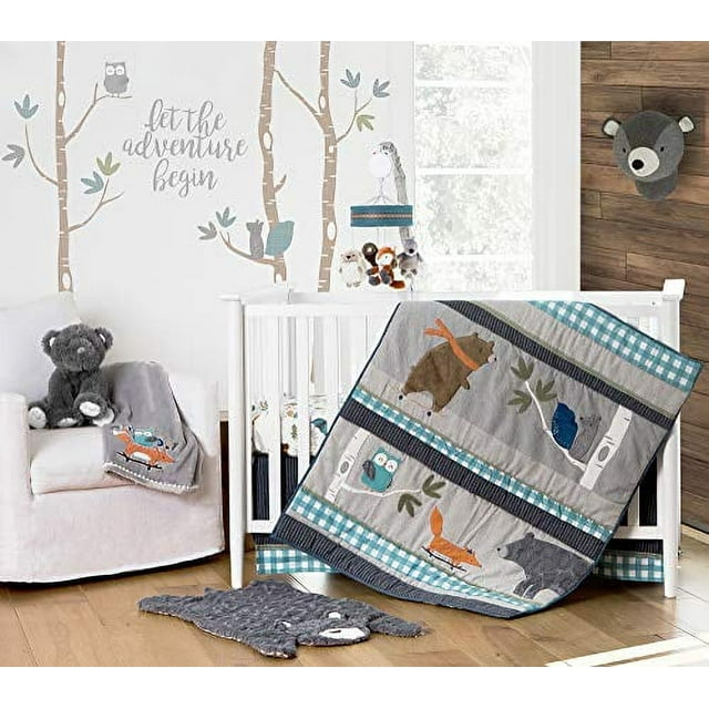 Levtex Baby - Pay Day Crib Bed Set - Baby Nursery Set - Blues and Grey - Woodland Forest Theme - 5 Piece Set Includes Quilt, Fitted Sheet, Diaper Stacker, Wall Decal & Crib Skirt/Dust Ruffle Levtex Baby