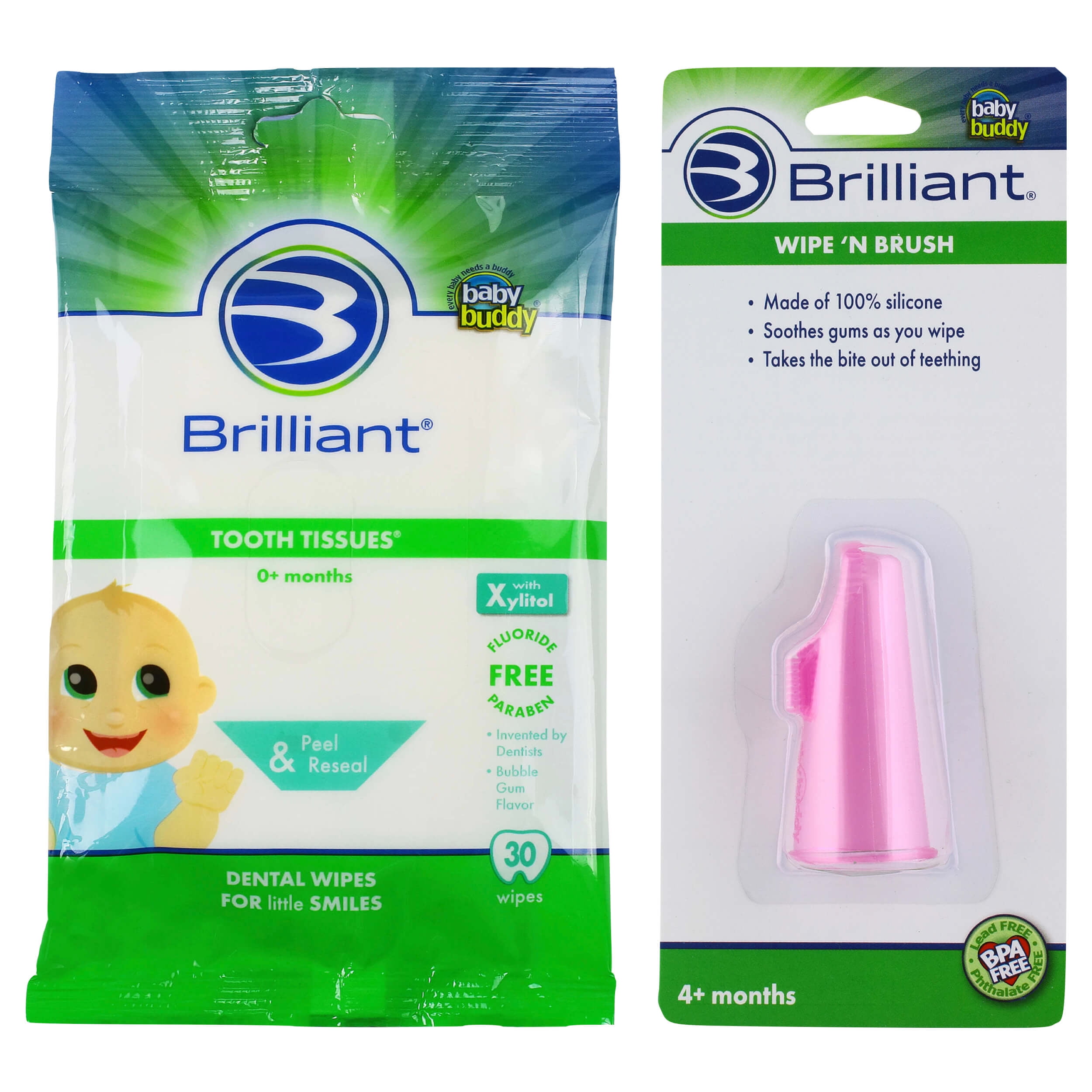 Brilliant Bundle with Tooth Tissues Xylitol Wipes Bubblegum Flavor 30 Count and Silicone Wipe-N-Brush Finger Brush, Blue Brilliant