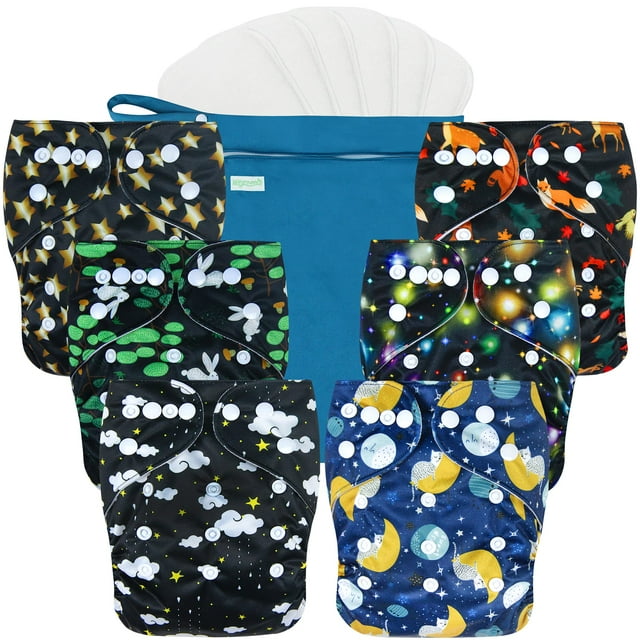 Wegreeco Washable Reusable Baby Cloth Pocket Diapers 6 Pack + 6 Bamboo Inserts (with 1 Wet Bag, Bright Animals) Wegreeco