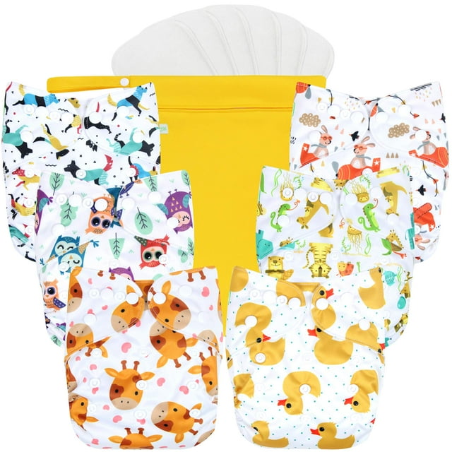 Wegreeco Washable Reusable Baby Cloth Pocket Diapers 6 Pack + 6 Bamboo Inserts (with 1 Wet Bag, Animal World) Wegreeco